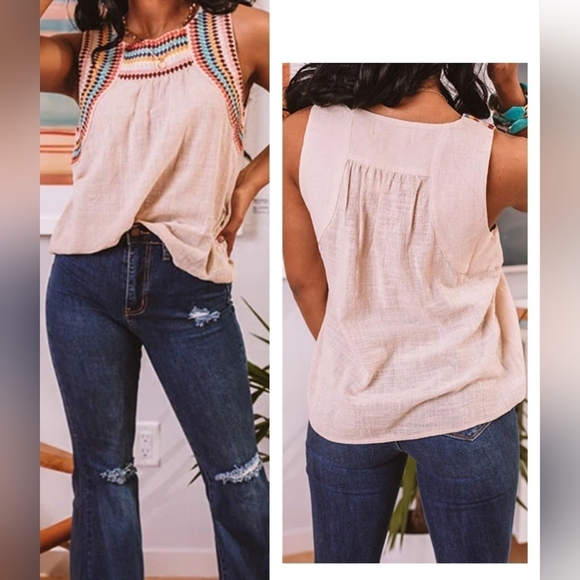 MACA EMBROIDERED MULTICOLORED GAUGE CREAM TOP M - Picture 2 of 16